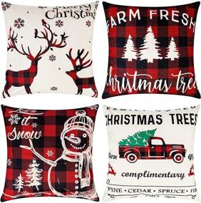 img 4 attached to 🎄 Acerich Christmas Throw Pillow Covers, 18x18 Inch Red Buffalo Plaid Pillow Cases, Festive Reindeer Snowman Xmas Pillow Covers for Home Decorations