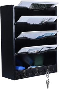 img 3 attached to Black Wood Wall File Holder and Mail Organizer with 6 Hooks - PAG 5-Tier Magazine Literature Rack