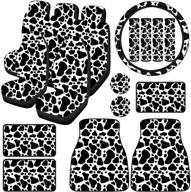 🐮 complete cow print car accessories set – includes steering wheel cover, seat cover, seat belt pads, floor mats, coasters, and armrest pad for women and men, suitable for cars logo