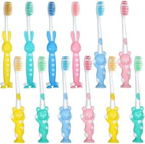 img 4 attached to 🦷 Веселое и удобное хранение: 12 штук детских зубных щеток с мягкой щетиной и присоской для мальчиков и девочек в возрасте от 3 лет и старше