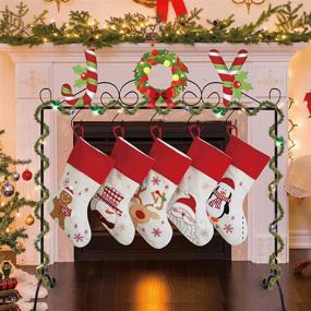 img 4 attached to 🎄 Metal JOY Stocking Holder Stand with Garland Lights - Set of 6 Hooks - Free Standing Stocking Hanger Racks For Floor Christmas Decorations Indoor