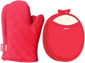 img 4 attached to 🔥 Honla Red Silicone Printed Pot Holders and Oven Mitts Gloves - 4 Piece Heat Resistant Kitchen Linens Set for Cooking, Baking, Grilling, Barbecue - Includes 2 Hot Pads and 2 Potholders