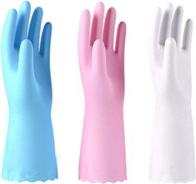 img 4 attached to 🧤 Pack of 3 Latex-Free Reusable Cleaning Gloves with Cotton Flock Liner and Embossed Palm - Waterproof Household Gloves for Dishwashing, Laundry, and Gardening (Medium)