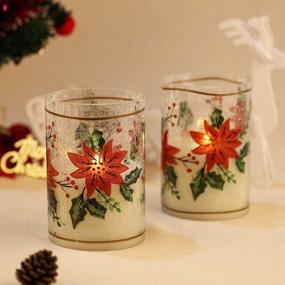 img 3 attached to Christmas Poinsettia Glass Holder Red Crackle Glass LED Candles Set of 2 (D4”x H6”) - Real Wax Pillar Flameless Candles, Battery Operated with Timer, for Home Decor and Table Lantern