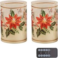 christmas poinsettia glass holder red crackle glass led candles set of 2 (d4”x h6”) - real wax pillar flameless candles, battery operated with timer, for home decor and table lantern логотип