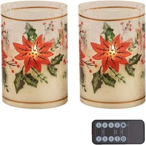 img 4 attached to Christmas Poinsettia Glass Holder Red Crackle Glass LED Candles Set of 2 (D4”x H6”) - Real Wax Pillar Flameless Candles, Battery Operated with Timer, for Home Decor and Table Lantern