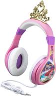👸 disney princess kids headphones: adjustable stereo over ear headset for children with parental volume control - tangle-free wired cord - kid friendly and safe - pink dp-140.exv6 logo
