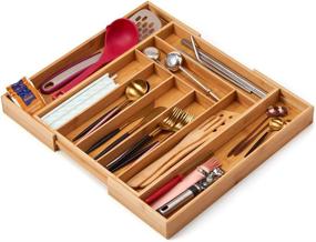 img 2 attached to 🗄️ EZOWare Bamboo Wood Expandable Kitchen Drawer Organizer with 9 Compartments - Large Utensil Holder, Silverware Cutlery Tray Caddy for Kitchen Drawer, Countertop, Bathroom Organizing