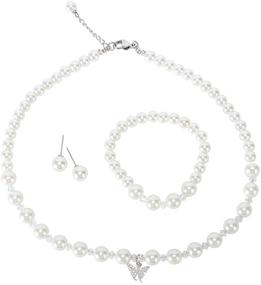 img 4 attached to 💎 LEILE 8mm Faux Crystal Glass Imitation Pearls Necklace, Bracelet, Earring Set with Butterfly Pendant - Elegant Jewelry Trio