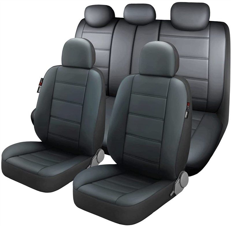 🚘 p&amp;j auto premium pu leather car seat cover full set, 11pcs, universal fit for cars, trucks, vans &amp; suvs, airbag compatible - gray logo