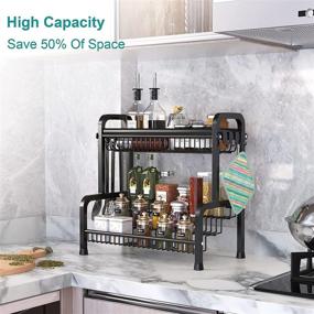 img 2 attached to 🌶️ 2-Tier Large Free Standing Spice Rack Organizer with 4 Hooks for Countertop & Cabinet Storage - Black Kitchen Seasoning and Cooking Spice Holder