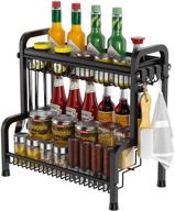 🌶️ 2-tier large free standing spice rack organizer with 4 hooks for countertop & cabinet storage - black kitchen seasoning and cooking spice holder logo