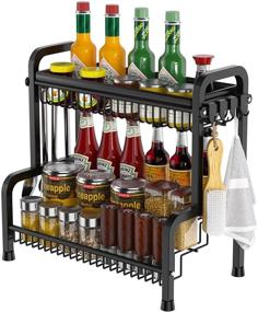 img 4 attached to 🌶️ 2-Tier Large Free Standing Spice Rack Organizer with 4 Hooks for Countertop & Cabinet Storage - Black Kitchen Seasoning and Cooking Spice Holder