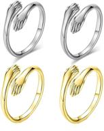 💑 romantic hug rings set: 4pcs adjustable hands embrace open rings in gold and silver - perfect couple wedding ring gift logo