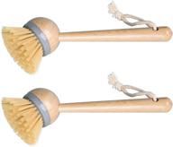 🧽 pack of 2 long bamboo handle dish scrub brushes - qomjt bamboo dish scrubbers for kitchen cleaning, wooden cleaning scrubbers set for pans and household cleaning (brown-long) logo