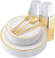 iooooo 150pcs christmas gold plastic plates, plastic silverware, and gold cups - disposable dinnerware set with 150 pieces: 25 dinner plates, 25 dessert plates, 25 tumblers, 25 forks, 25 knives, 25 spoons logo