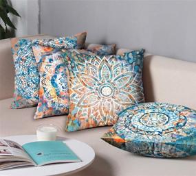 img 2 attached to 🌸 Boho Retro Dahlia Floral Throw Pillow Covers - Set of 4, Multicolor Flowers, 18 X 18 Inch, Home Farmhouse Outdoor Decorative Pillows for Living Room, Bed, Sofa, and Car