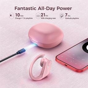 img 1 attached to 🎧 IPX7 Waterproof Wireless Earbuds with Bluetooth 5.0, Bass+ Bluetooth Headphones for Running/Gym Workout, Pink – 28H Playtime, Earhook/Precise Button/USB-C/Mic included