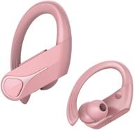 🎧 ipx7 waterproof wireless earbuds with bluetooth 5.0, bass+ bluetooth headphones for running/gym workout, pink – 28h playtime, earhook/precise button/usb-c/mic included логотип