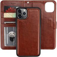 📱 premium pu leather iphone 11 pro max wallet case with card holder, magnetic detachable kickstand, shockproof wrist strap, and removable flip cover - brown, 6.5-inch logo