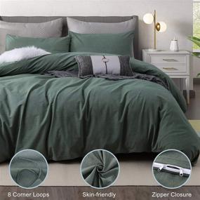 img 2 attached to 🛏️ Green 100% Washed Cotton Duvet Cover Set - Full Queen Size - 3 Piece Bedding Set - Luxury Soft and Comfortable - 1200 Thread Count - with Corner Ties - Includes 1 Duvet Cover and 2 Pillowcases - Measures 90x90 Inches