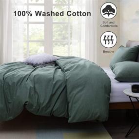 img 3 attached to 🛏️ Green 100% Washed Cotton Duvet Cover Set - Full Queen Size - 3 Piece Bedding Set - Luxury Soft and Comfortable - 1200 Thread Count - with Corner Ties - Includes 1 Duvet Cover and 2 Pillowcases - Measures 90x90 Inches