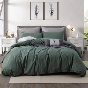 img 4 attached to 🛏️ Green 100% Washed Cotton Duvet Cover Set - Full Queen Size - 3 Piece Bedding Set - Luxury Soft and Comfortable - 1200 Thread Count - with Corner Ties - Includes 1 Duvet Cover and 2 Pillowcases - Measures 90x90 Inches