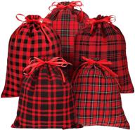 weewooday 5-piece buffalo plaid drawstring bag set: red and black xmas stocking sacks for party favors, candies, and presents logo