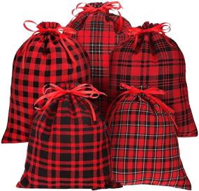 img 4 attached to Weewooday 5-Piece Buffalo Plaid Drawstring Bag Set: Red and Black Xmas Stocking Sacks for Party Favors, Candies, and Presents