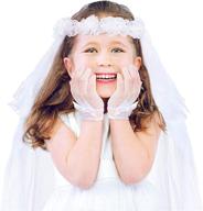white lace first communion veil with floral headband + princess gloves for wedding logo