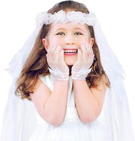 img 4 attached to White Lace First Communion Veil with Floral Headband + Princess Gloves for Wedding