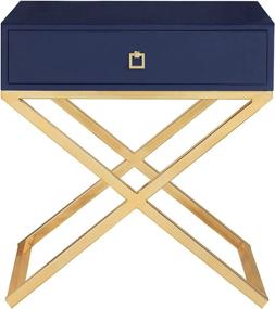 img 2 attached to 🌙 Modern Contemporary Navy Nightstand Side Table, Iconic Home Ithaca, Self-Closing Drawer, Lacquer X Base with Brass-Finished Stainless Steel