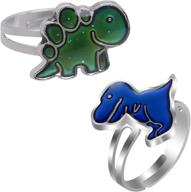 🦖 2 pcs color-change dinosaur mood rings for women, girls, boys - adjustable size, wqaip kerg logo