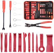 mictuning 19pcs auto audio trim removal tool set & clip plier upholstery fastener remover nylon dash door panel stereo tool kits (red) - effortlessly remove car interior trims and upholstery logo