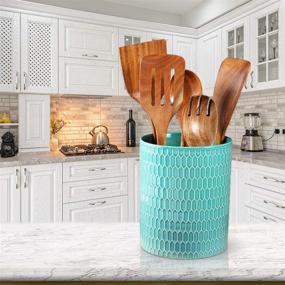 img 2 attached to 🍴 Ceramic Kitchen Utensil Holder - Stylish Countertop Organizer for Cooking Tools, Ideal Gift for Kitchen Enthusiasts, Turquoise Color