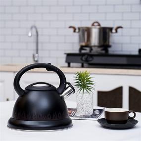 img 2 attached to 🔥 ARC Tea All Black Flame Pattern Stove Top Tea Kettle: Premium 3.2L Stainless Steel Pot with Heat Resistant Handle, Anti-Rust Whistling Design