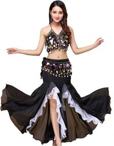 img 2 attached to 🔥 Exquisite ORIDOOR Women's 3-Piece Belly Dance Costume: Belly Crop Top, Bra Top, Belt & Chiffon Split Skirt Outfit