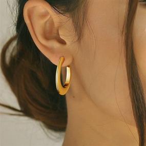 img 3 attached to 👂 Hypoallergenic 14K Gold Plated Oval Hoops: Chunky Fashion Thick Earrings for Trendy Women, Teens, and Girls