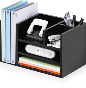 img 4 attached to Maximize Efficiency with FITUEYES Wood Desk Organizer: Black Office Desktop Storage with 6 Compartments for Pens, File Folders & Paper