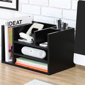 img 3 attached to Maximize Efficiency with FITUEYES Wood Desk Organizer: Black Office Desktop Storage with 6 Compartments for Pens, File Folders & Paper