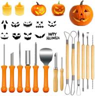 🎃 premium halloween pumpkin carving kit: 18pcs tools, carrying case, 2 led candles, 10 stencils, stainless steel jack-o-lanter knife for decorating logo