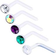 ✨ 5pcs 20g 0.8mm l shaped bioflex clear nose rings with crystal - cl ab am bz logo