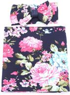 🌹 galabloomer navy blue rose floral print baby swaddle receiving blankets headband set logo