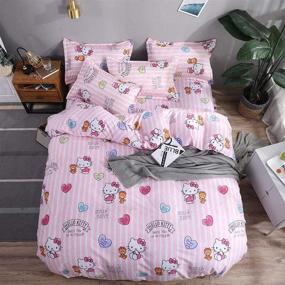 img 3 attached to 🛏️ Luxury Full Size Cartoon Pink Girl Duvet Cover Set for Kids Woman - 4 Piece Kitty Cat Bedding Collection Including 1 Duvet Cover, 1 Flat Sheet, and 2 Pillowcases