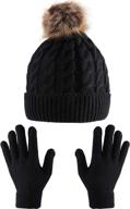 🧣 tatuo women's winter knitted beanie hat with faux fur pom, slouchy style hat, and full finger knitted gloves logo