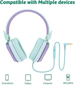 img 2 attached to Riwbox CS6 Kids Headphones: Lightweight Foldable Stereo Headset with Mic and Volume Control - Perfect for iPad/iPhone/PC/Kindle/Tablet (Purple & Green)