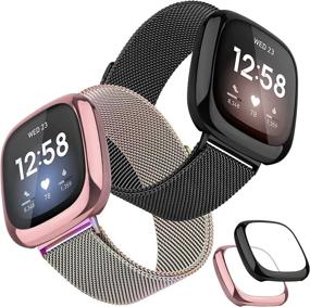 img 4 attached to 2 Pack Metal Bands for Fitbit Versa 3 / Fitbit Sense, Stainless Steel Adjustable Magnetic Wristbands - Includes 2 x TPU Screen Protector Case (Black & Colorful, Small)