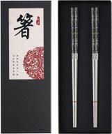 premium stainless steel chopsticks titanium plated - reusable & dishwasher safe japanese/korean 2 pairs gift set - laser engraved - anti-slip, black & silver logo