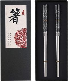 img 4 attached to Premium Stainless Steel Chopsticks Titanium Plated - Reusable & Dishwasher Safe Japanese/Korean 2 Pairs Gift Set - Laser Engraved - Anti-Slip, Black & Silver