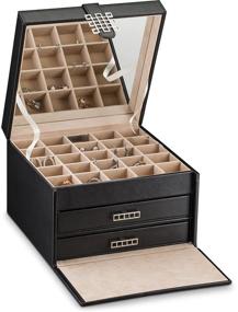 img 2 attached to 📦 Glenor Co Earring Organizer Holder - 50 Small & 4 Large Slots Classic Jewelry Box with Drawer & Modern Closure, Mirror, 3 Trays - Black PU Leather Case for Earrings, Rings, and Chains Storage